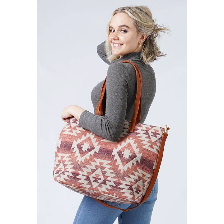 Hana - Wholesale Tote Bag - Women's - Western Weekend Aztec Pattern Tote Bag With Pouch5