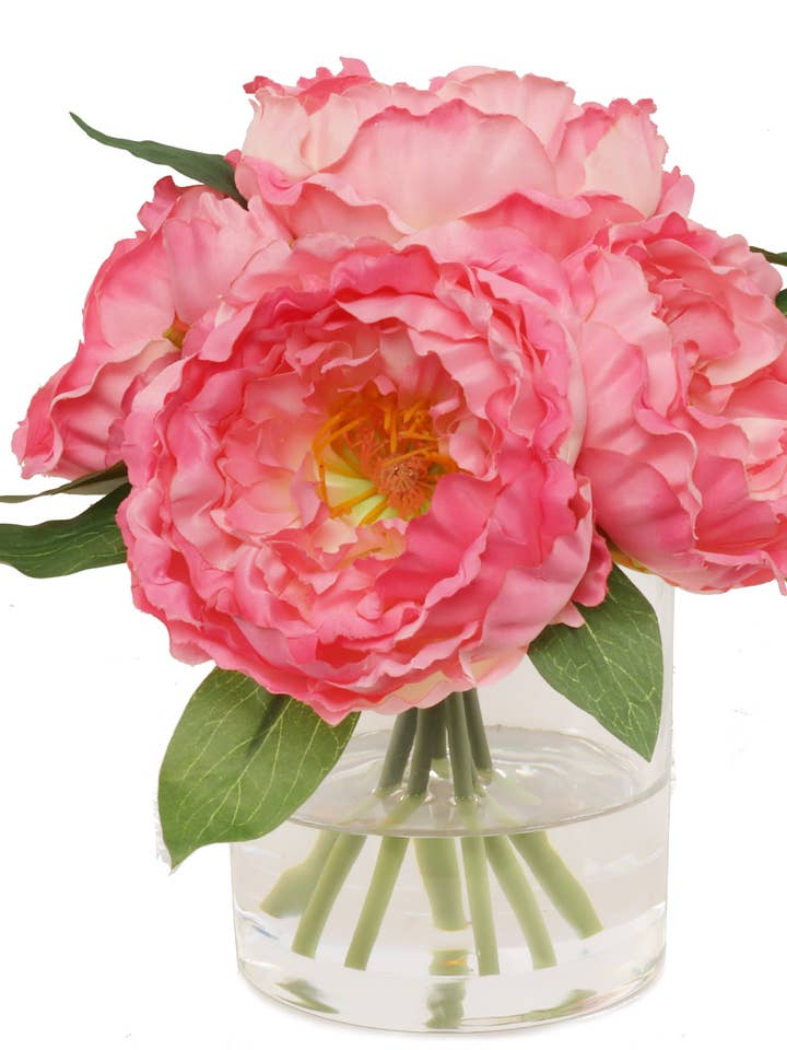 Pink Peony Arrangement W/ 7 Fronds In Glass Vase Faux Flower for wholesale by Larksilk