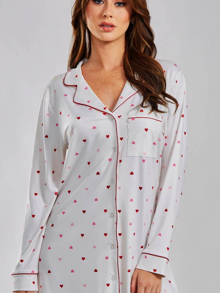 White Red Anjela Hearts Knit Sleep Shirt Button Down for wholesale on Faire6