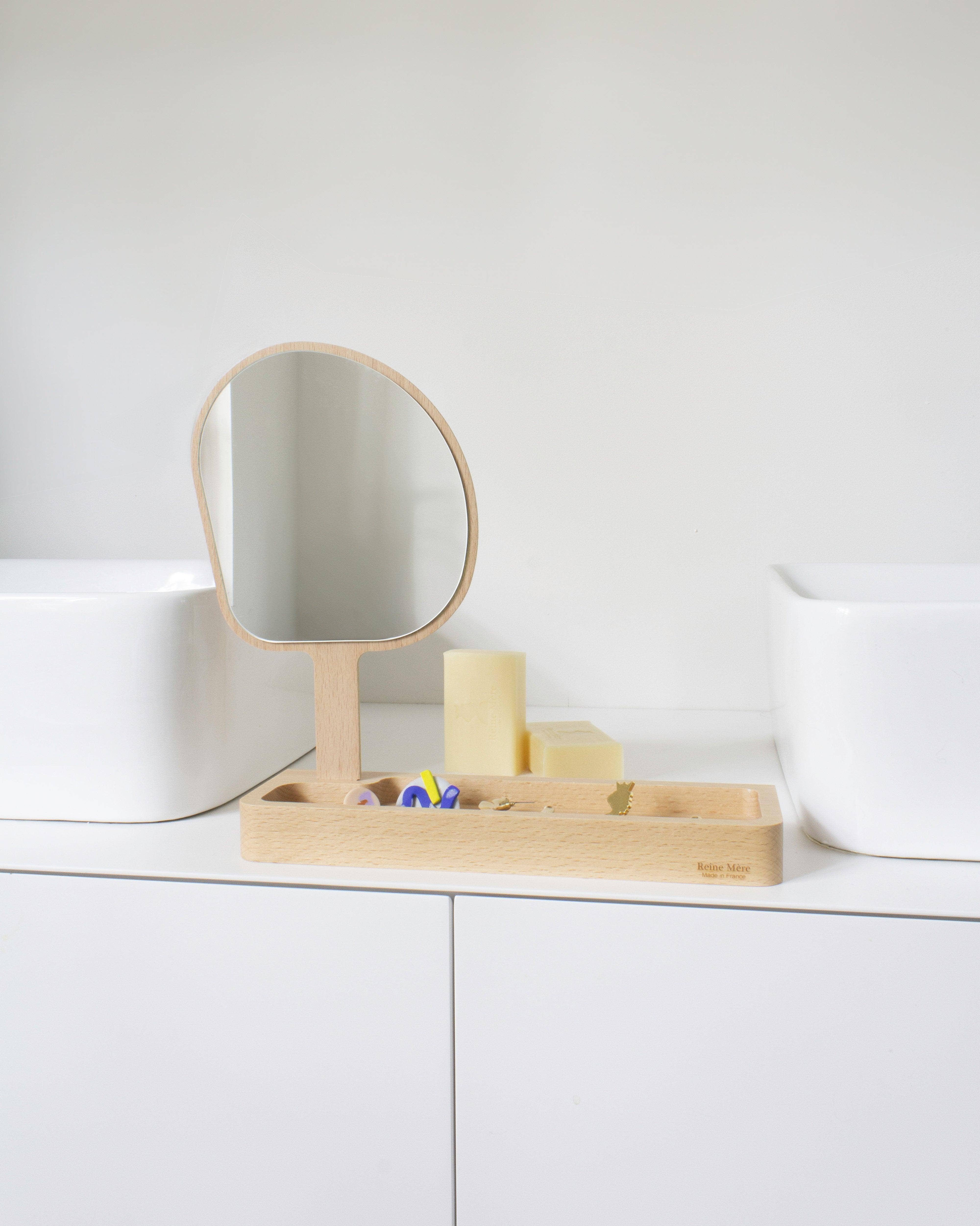 Reine Mère - Wholesale Sieradenschaaltje - Kagami - Spiegel om neer te zetten met opbergruimte in beukenhout