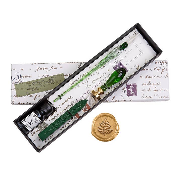 Freund Mayer & Co. – Engroshandel Pen – Grønt glas segl og kalligrafipen med blæk sæt