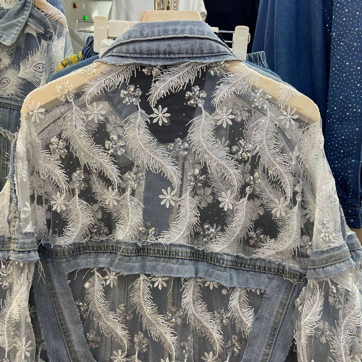 Blue M135 Double-Layer Lace Mesh Embroidered Denim Jacket for wholesale on Faire8