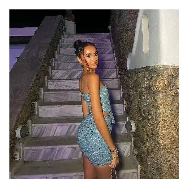 FurDecoration - Wholesale Top & Skirt Set - Women's - Fashionable Denim Ripped Sequin Mini Skirt Bandeau Set4