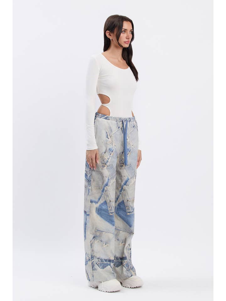 No Vacancy - Wholesale Pants - Women's - Denim print wide legged pants w/ drawstring3
