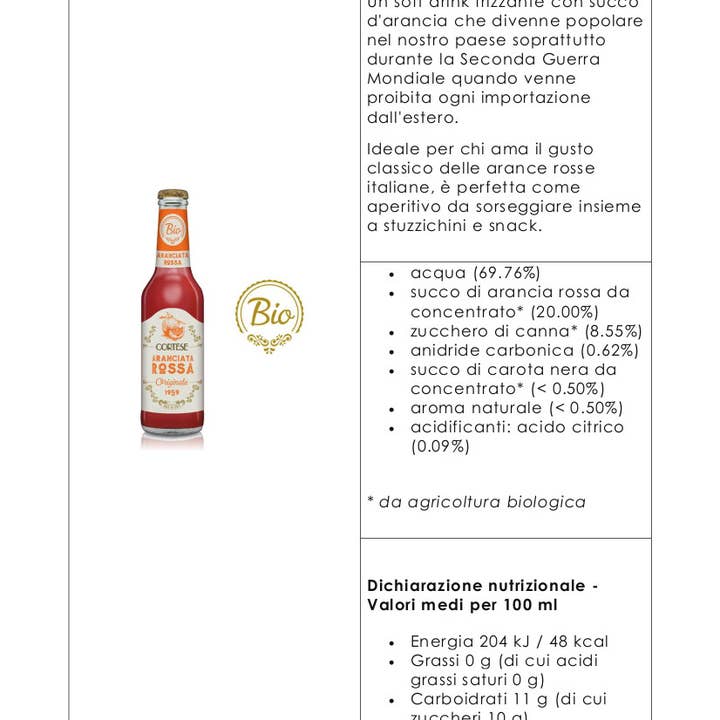 Metina SAS - Vendita all'ingrosso Bibite/bevande gassate - Aranciata Rossa Bevanda Biologica analcolica Cortese 27,5 cl