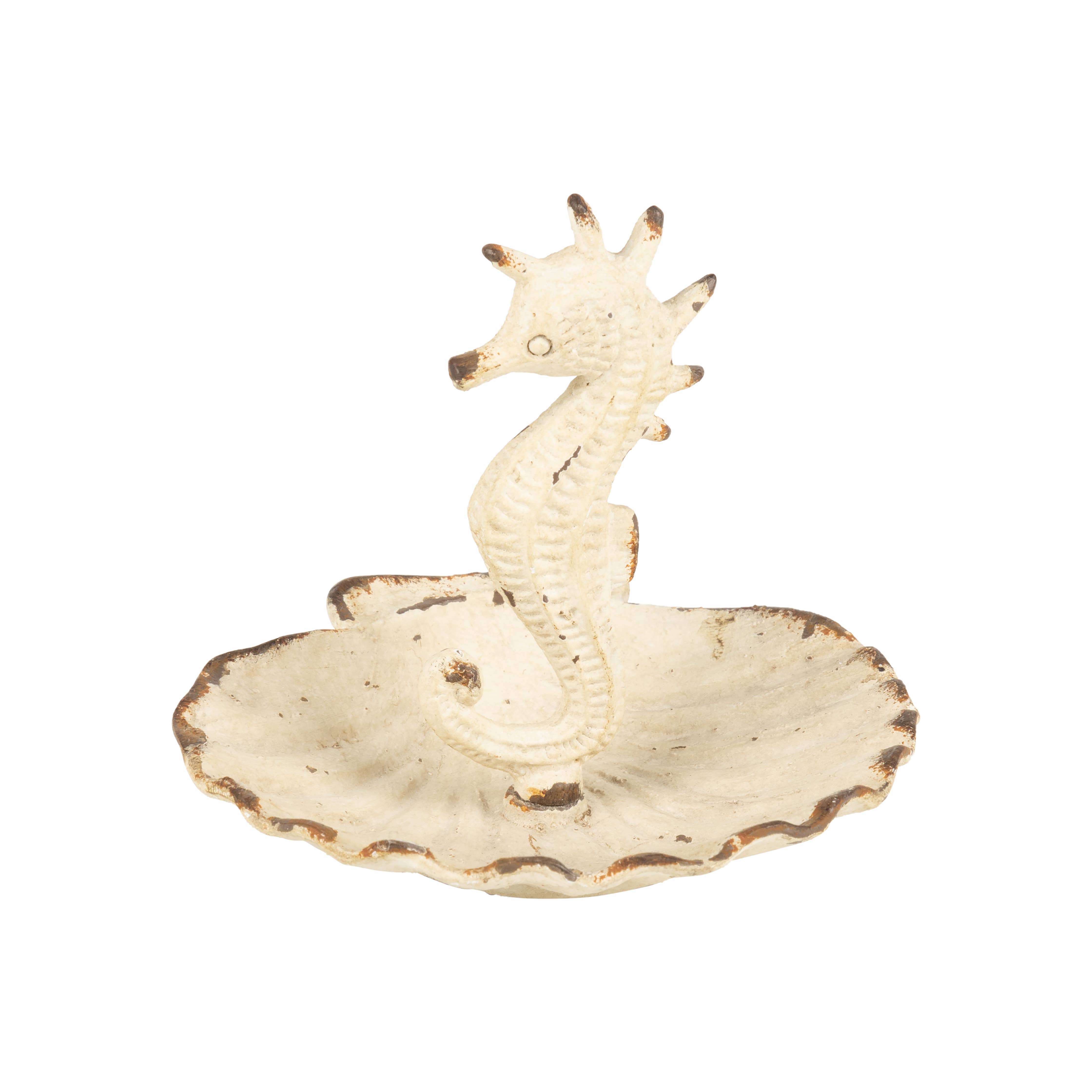 Silver Tree Home & Holiday - Wholesale Jewelry Dish - A01083: Ant cream CI seahorse in shell trinket tray, 4 in