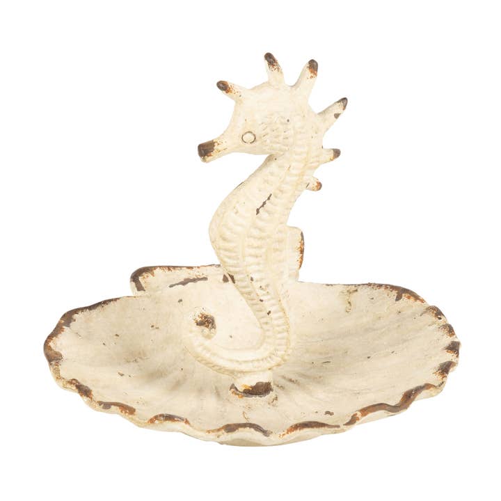 Silver Tree Home & Holiday - Wholesale Jewelry Dish - A01083: Ant cream cast seahorse,shell trinket tray,dish,4in0