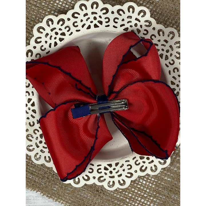 The Hair Bow Company - Wholesale Hair Bow - Kids - Red with Navy Moonstitch Hair Bow