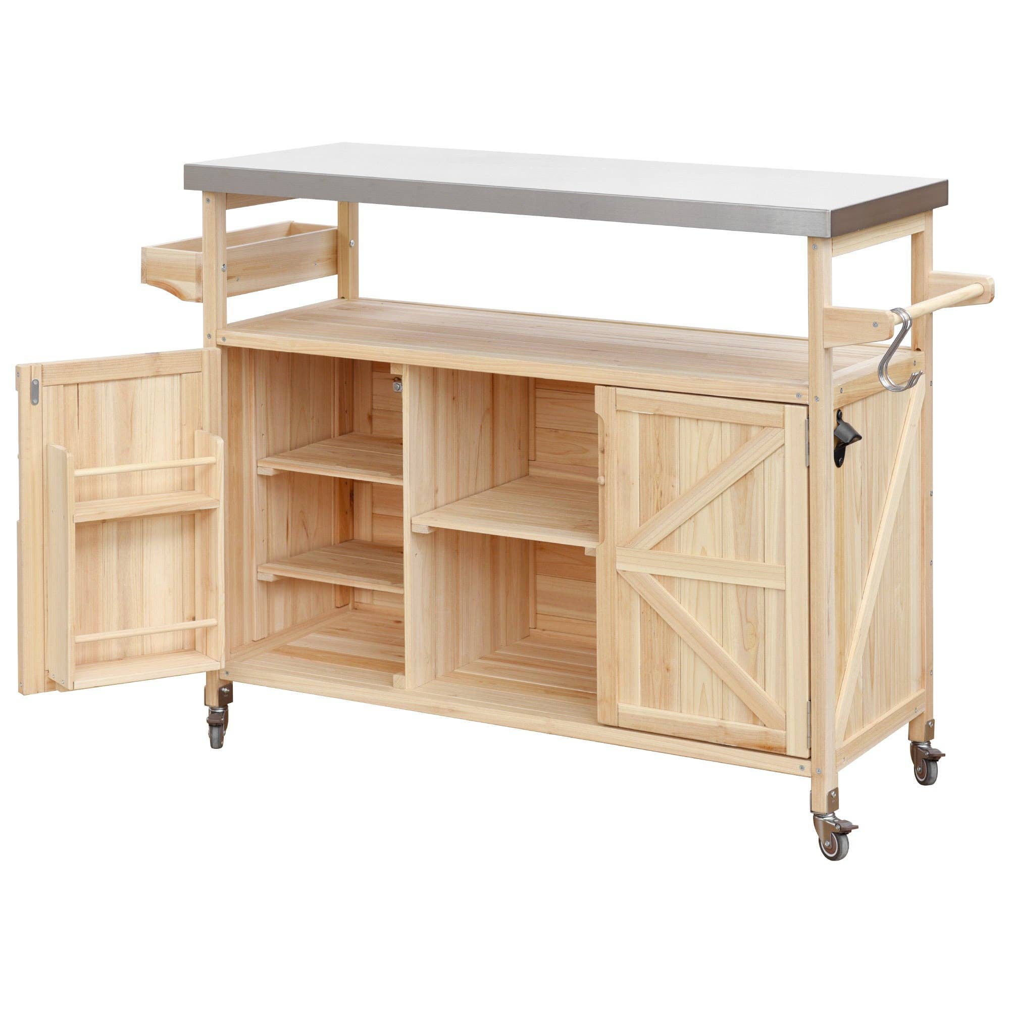 Orange County Decor - Wholesale Outdoor Grill Tools - K&K Outdoor Kitchen Island, Rolling Bar Cart & Storage Cabinet, Farmhouse Solid Wood Outdoor Grill Table With Stainless Steel Top, Spice Racktowel Rack For Kitchen & Bbqnatural Natural Garden &14