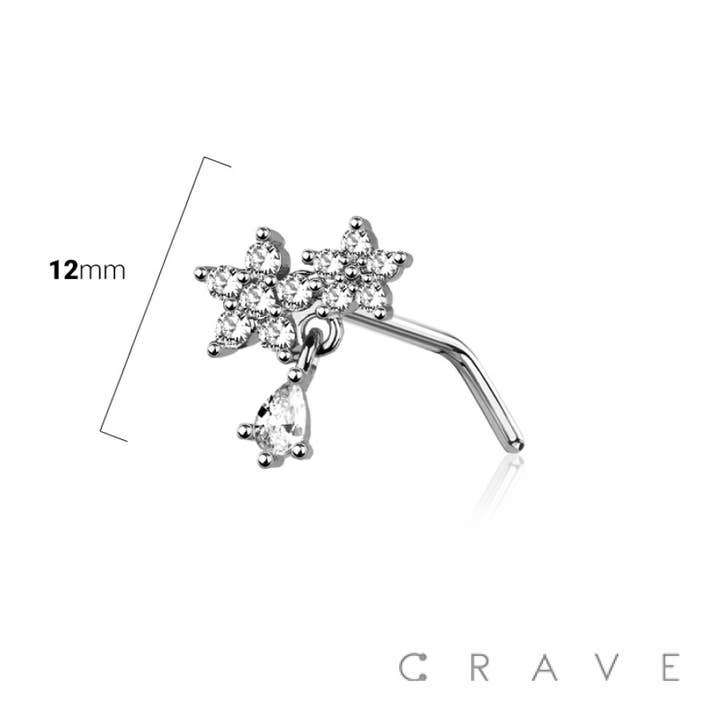 CRAVE BODY JEWELRY - Wholesale Nose Ring - CZ DOUBLE PRONG FLOWER 316L SURGICAL STEEL L-SHAPE NOSE STUD