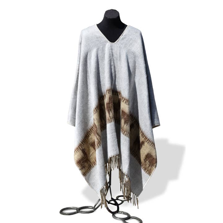 Brushed 100% Alpaca Poncho Adult Natural with Llamas for wholesale by Sanyork Fair Trade