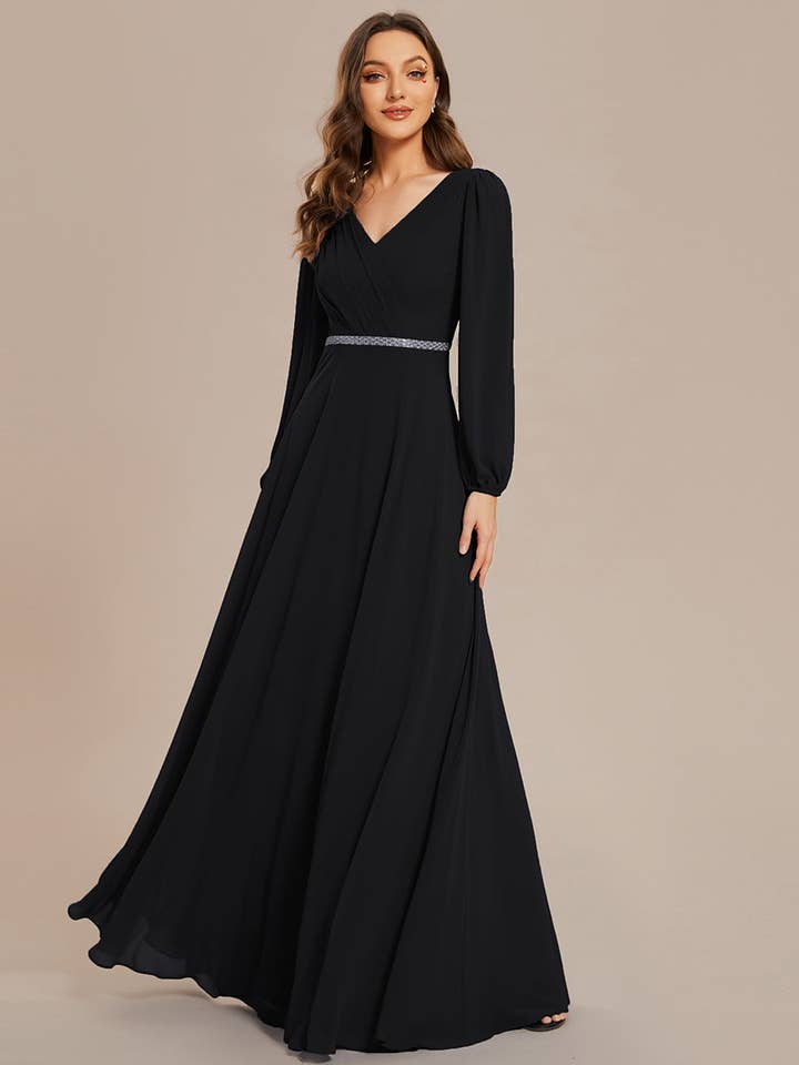 Ever-Pretty - Wholesale Gown - Women's - Elegant waisted chiffon V-neck Long Sleeve guest Dress21