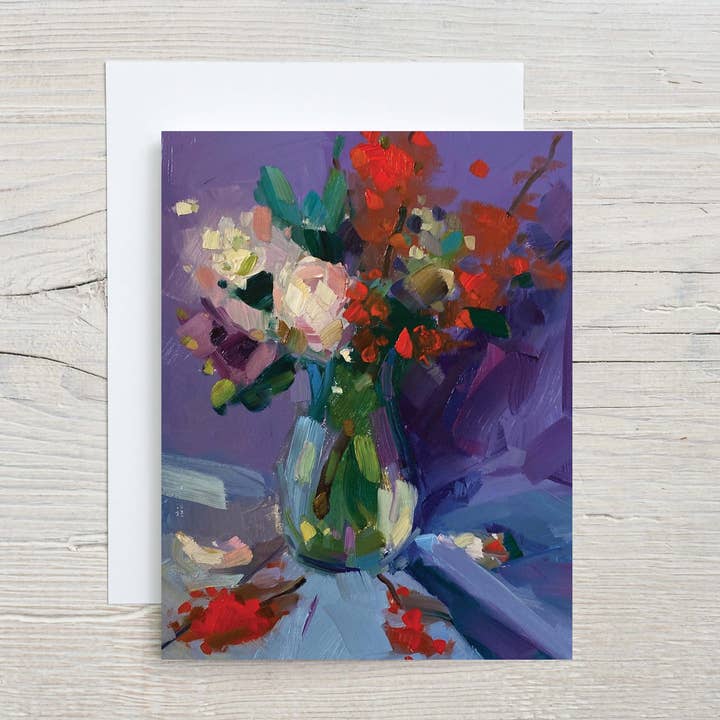 F113 Peonies and Red Berries A2 Note Card and Envelope for wholesale by Amy Brnger Art and Paperworks