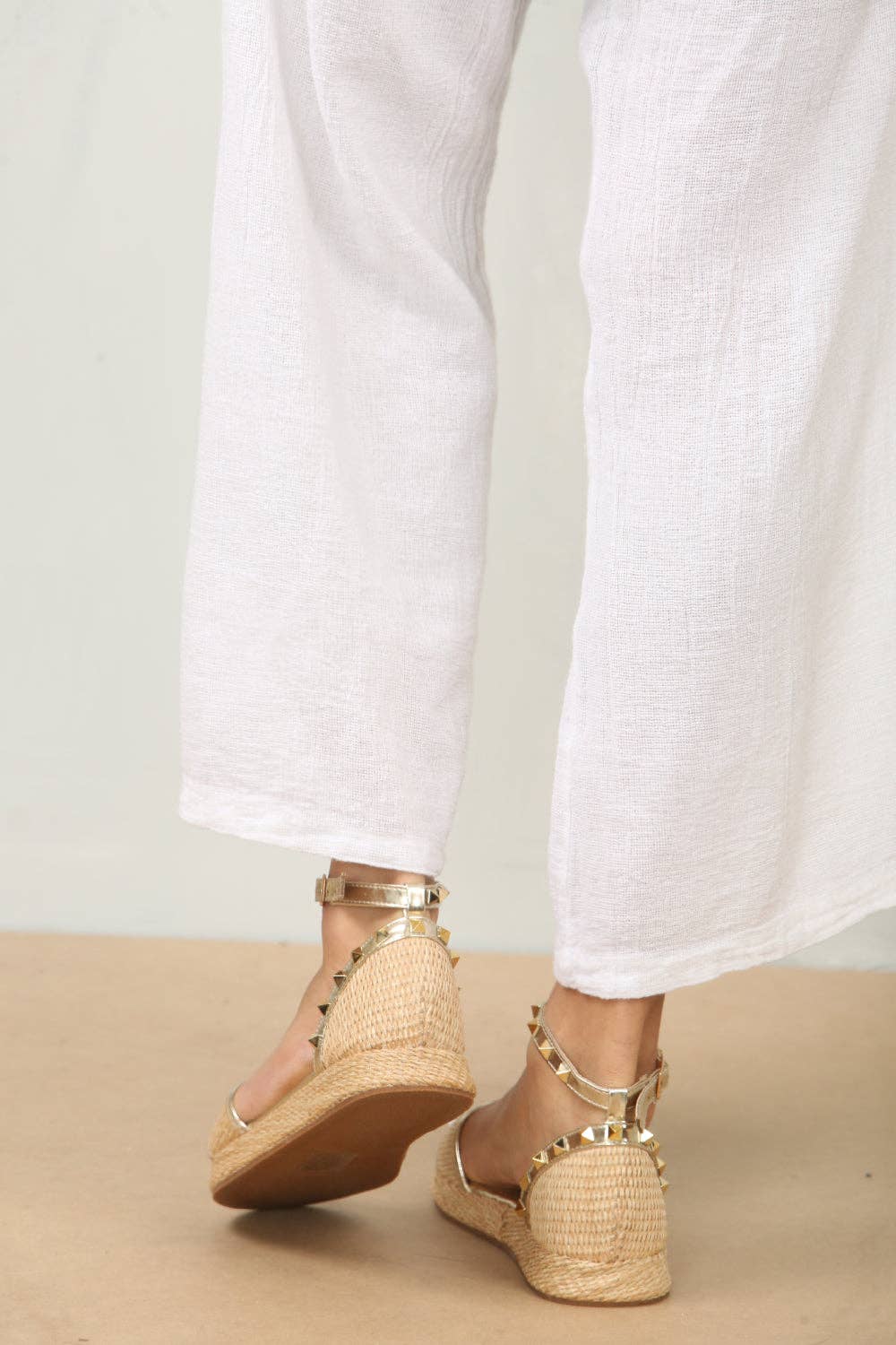 STUDDED RAFFIA CLOSED BACK ANKLE STRAP SANDALS IN GOLD for wholesale on Faire5