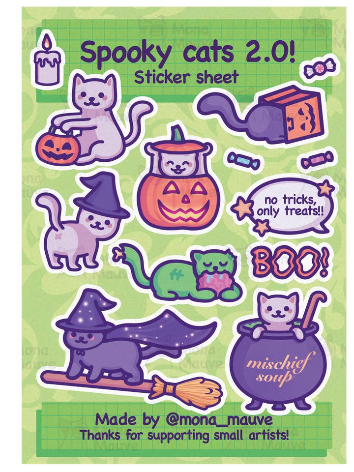 Bonita hoja de pegatinas de Halloween | 13 pegatinas de gatos espeluznantes para venta al por mayor de Mona Mauve • Silly Art!