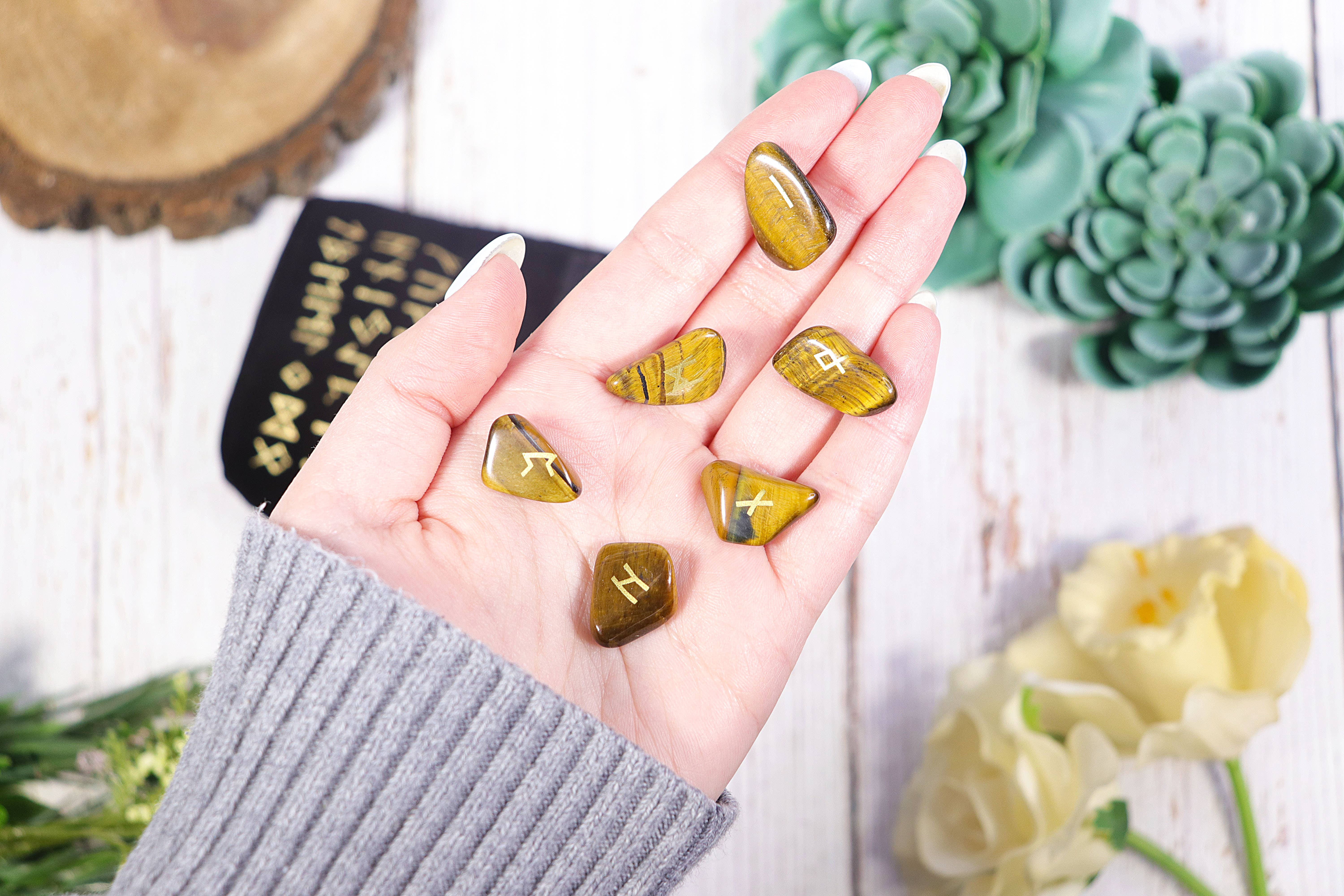 Natures Artifacts Inc - Wholesale Spiritual Stone/Crystal - Tiger's Eye Rune Stone Set in Velvet Bag with Info card3