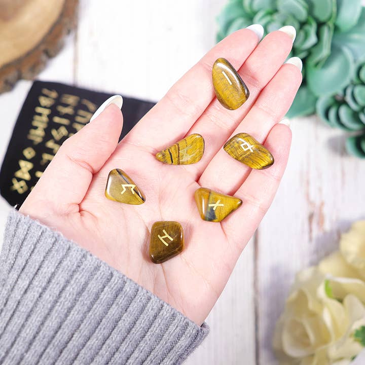 Natures Artifacts Inc - Wholesale Spiritual Stone/Crystal - Tiger's Eye Rune Stone Set in Velvet Bag with Info card3