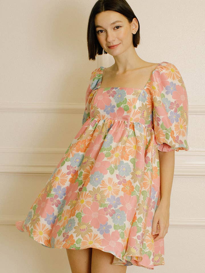 Multi Floral JD2443-48- Bright multi-color Floral/Satin Baby Doll Dress for wholesale on Faire