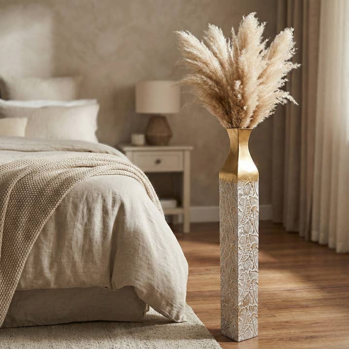 Modern Decorative Metal Tall Vase, Rustic Weathered Finish, Handmade Gold Living Room Decor, 35" Pots for Pampas Grass for wholesale by Sona Casa