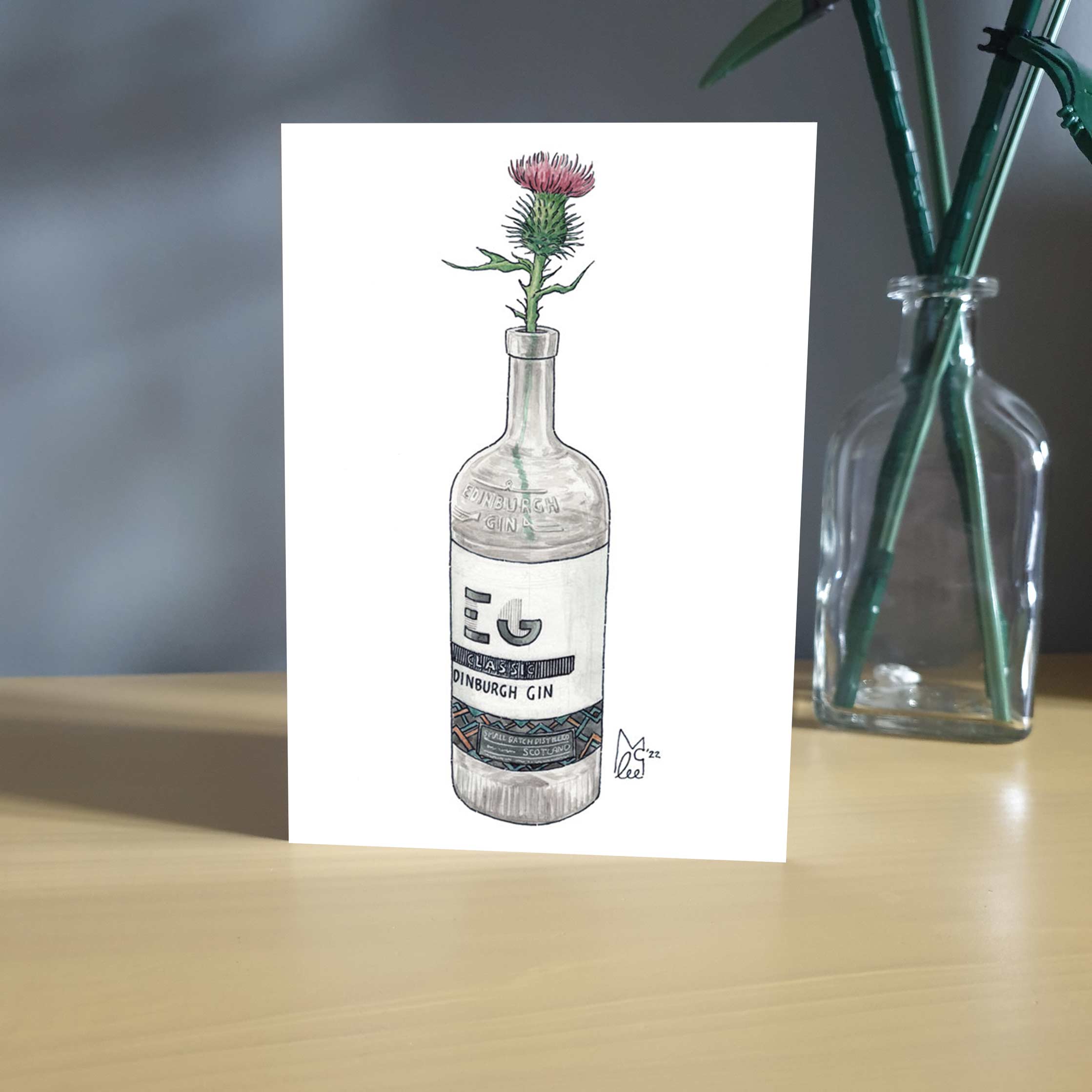 Lee McGuire Art – wholesale Everyday greeting card – Thistle in Edinburgh Gin Greeting card1