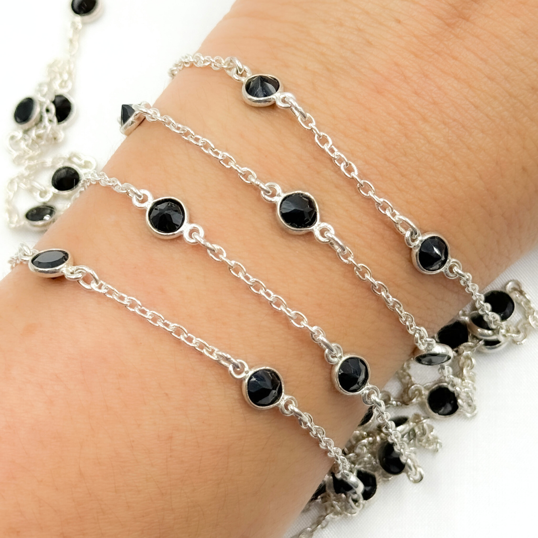 Tresor Jewelry Inc. - Wholesale Link & Chain Necklace - Black Spinel Round Shape Bezel 925 Sterling Silver Connected Wire Chain. BSP130