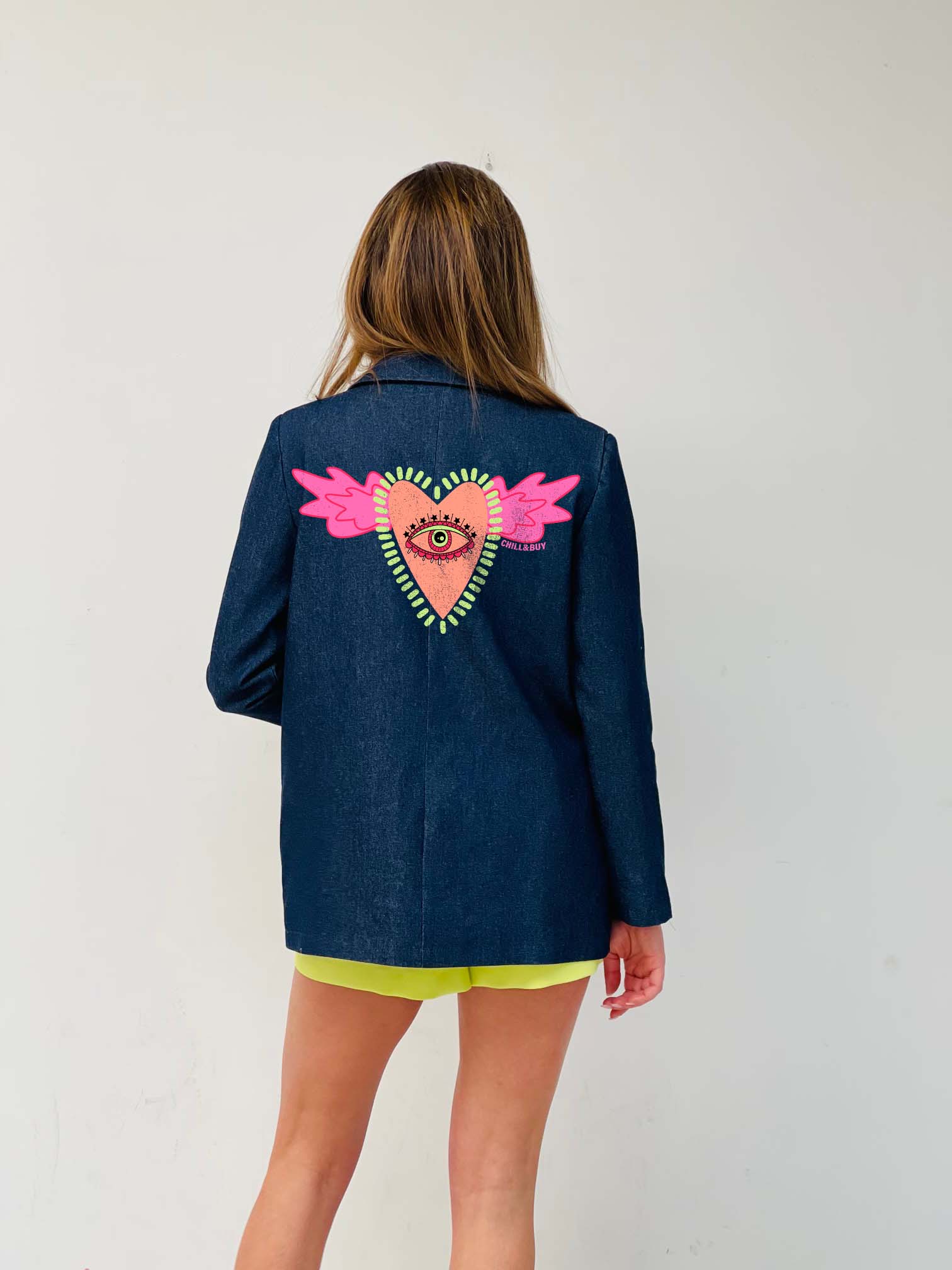Jeans blu Blazer denim con volant Wings Eyes e stampa sul retro in vendita all'ingrosso su Faire1