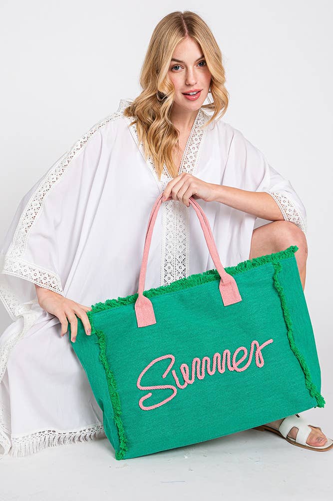 Hana – Saco de praia por atacado – Bolsa de lona amarela com franjas, corda costurada e palavra 'Summer'6