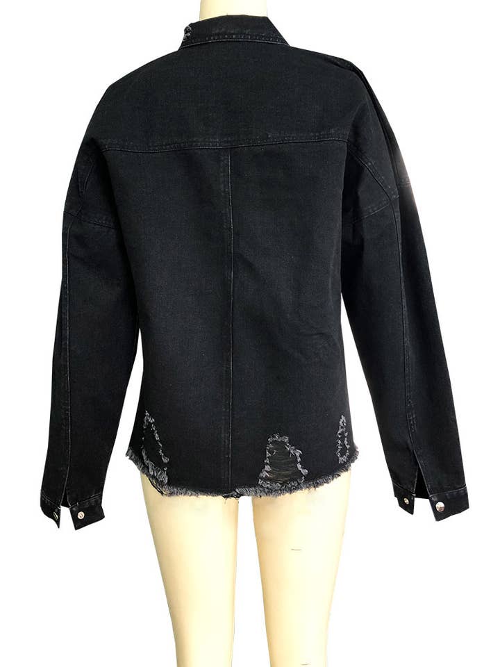 HIDDENBRAND - Wholesale Denim Jacket - Women's - Oversized ripped frayed edges denim jacket7