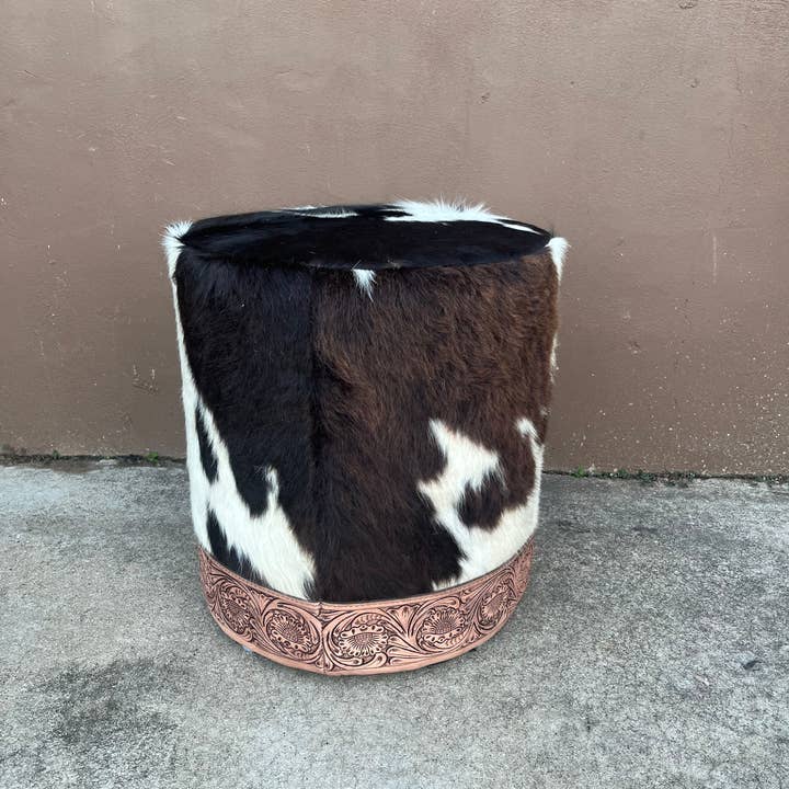 Western Linens - Wholesale Ottoman - Cowhide & Tooled Leather Ottoman