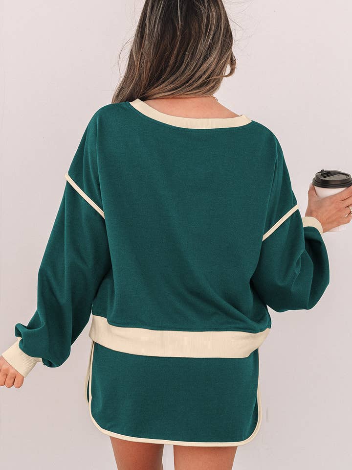 Evergreen Color Contrast Loose Pullover and Lace-up Waist Skort Set for wholesale on Faire1