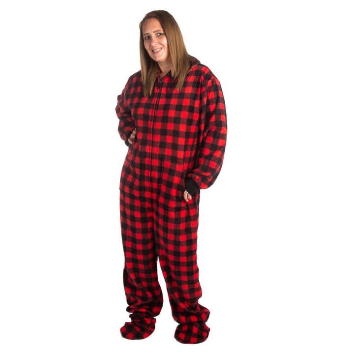 Big Feet Pajamas – wholesale Onesie - Unisex – Hoodie Footed Onesie Red & Black Buffalo Plaid Fleece Pajam1