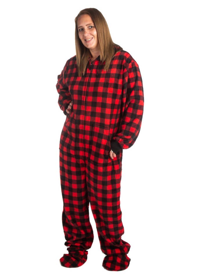 Hoodie Footed Onesie Red & Black Buffalo Plaid Fleece Pajam for wholesale by Big Feet Pajamas