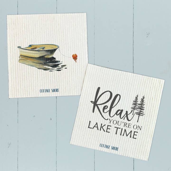 Relax You're on Lake Time, Rowboat 2 pk - Swedish Dish Cloth for wholesale by Cottage Shore