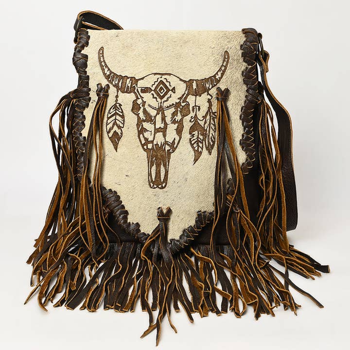 LS Western - Wholesale Messenger Bag – Women’s - ADBGM416 Engraved Designed Hair-On Fringe Messenger Bag with Braided Trim - American Darling3