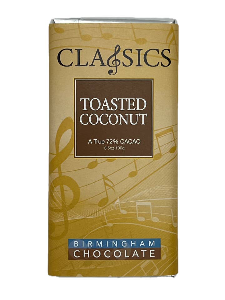 Classiques Noix de Coco Salée et Grillée 72% Cacao Barre de 100g (3,5oz) pour la vente par Birmingham Chocolate