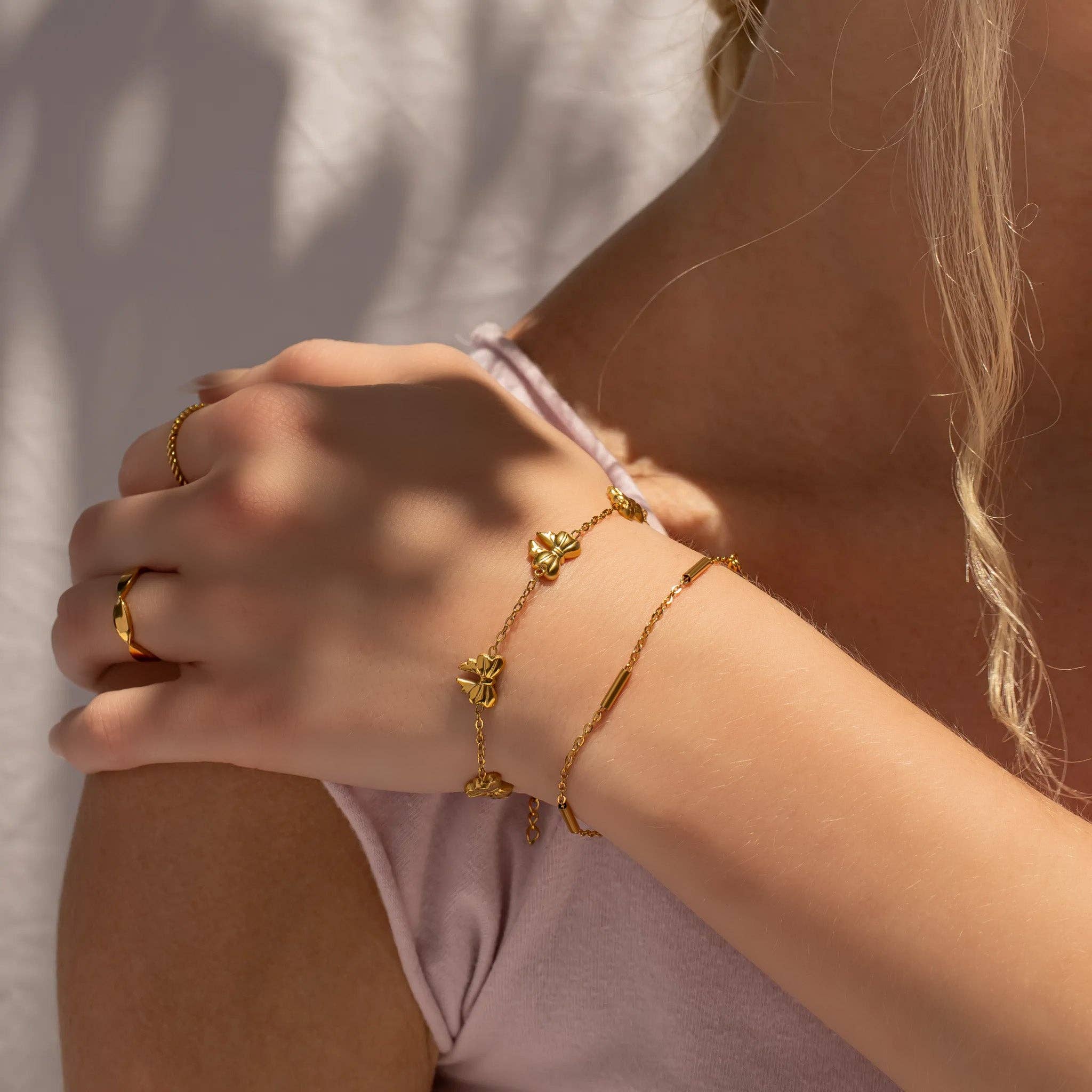 WJW - Wholesale Link & Chain Bracelet - 18K Gold PVD Stainless Steel Satellite Bar Chain Bracelet3