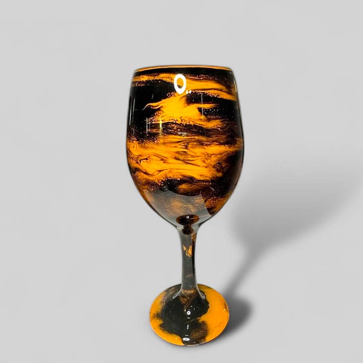 Whimsy and Willow - Wholesale Wine Glass - Orange and Black Swirl Wine Glasses and Drinkware-Handmade