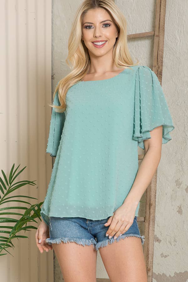 Orange Farm Clothing - Wholesale Blouse - Women's - Swiss Dot Flutter Sleeve Blouse-Solid6