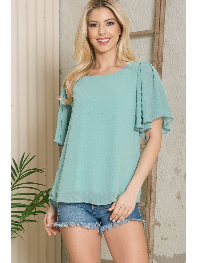 Orange Farm Clothing - Wholesale Blouse - Women's - Swiss Dot Flutter Sleeve Blouse-Solid6