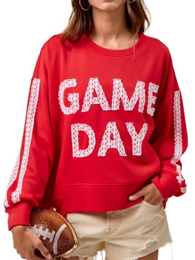 Gameday Theme Lace Patchwork Top With Uneven Hem for wholesale by Vanilla Monkey
