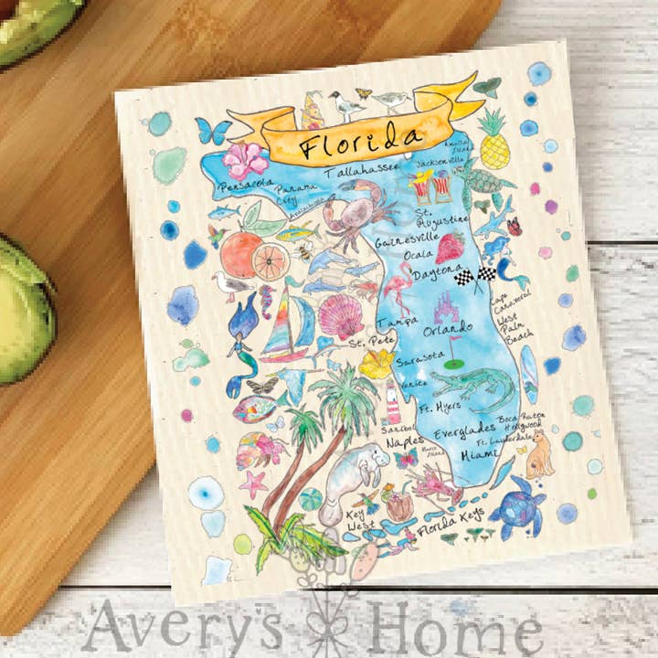 Florida State Map Beach Souvenir Swedish Dishcloth for wholesale by Avery's Home