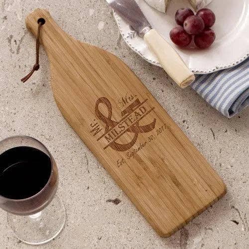 Engraved Mr. and Mrs. Wine Bottle Cutting Board for wholesale by Sunny Jar Personalized