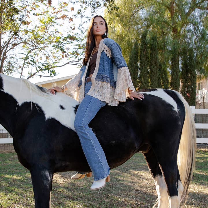 Young Threads - Wholesale Kimono - Women's - Western Boho Lace & Denim Patchwork Kimono Top NEW13