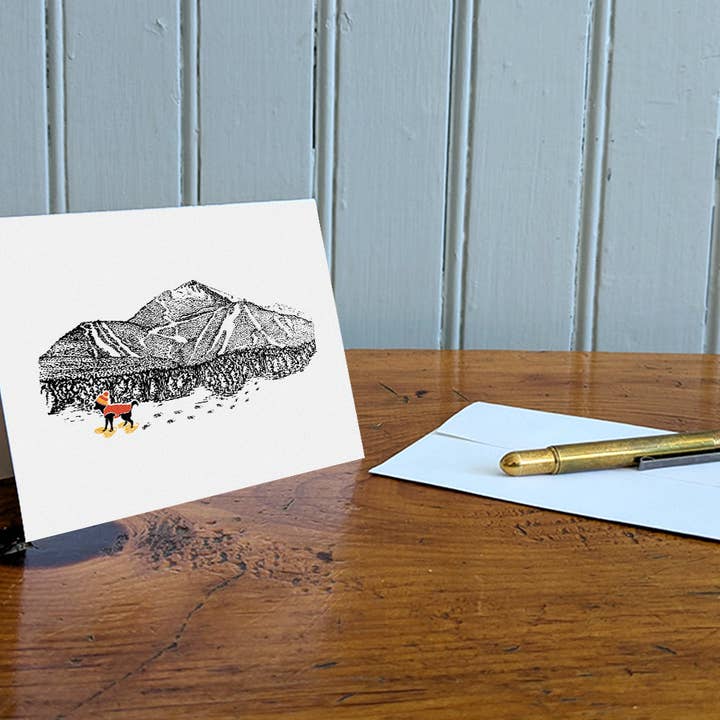 Montañas - Tarjeta de felicitación en blanco para perros con raquetas de nieve para venta al por mayor de Soijen Illustrations