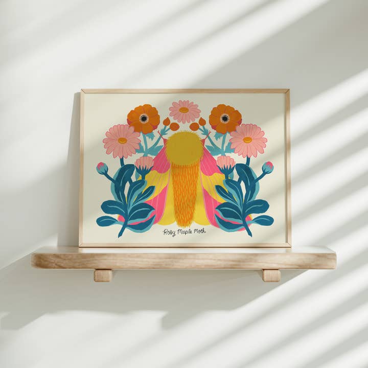 Rosy Maple Moth + Daisies/Anemones Art Print for wholesale by Dream Folk Studio