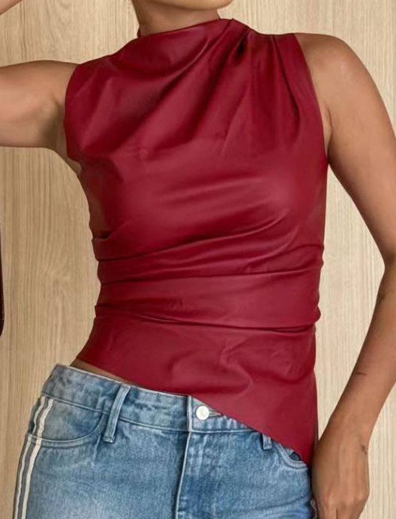 safistyle - Wholesale Blouse - Women's - Faux Leather Ruched Sleeveless Top5