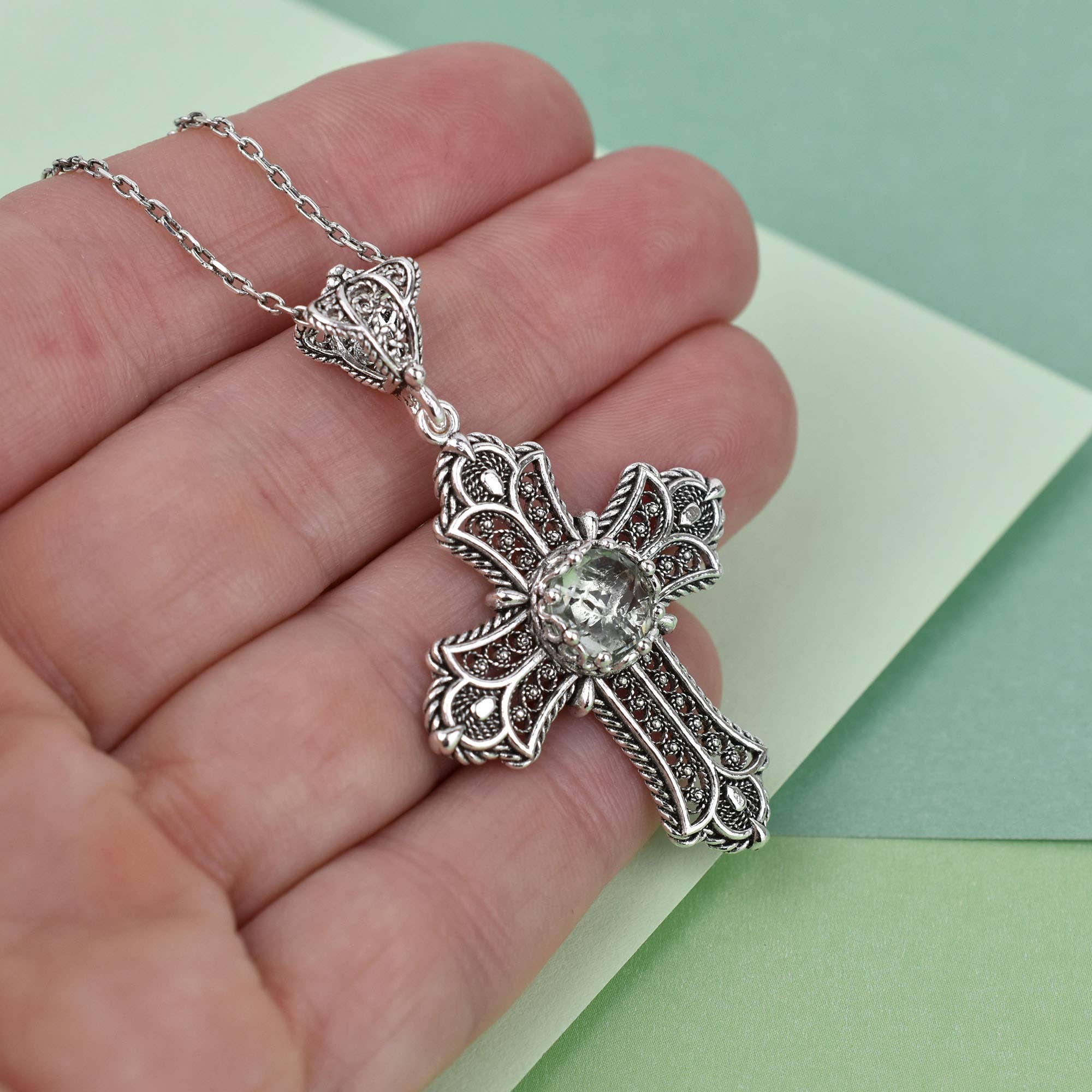 Filigranist Jewelry – wholesale Pendant/charm necklace – Sterling Silver Filigree Art Multi Gemstone Cross Necklace9