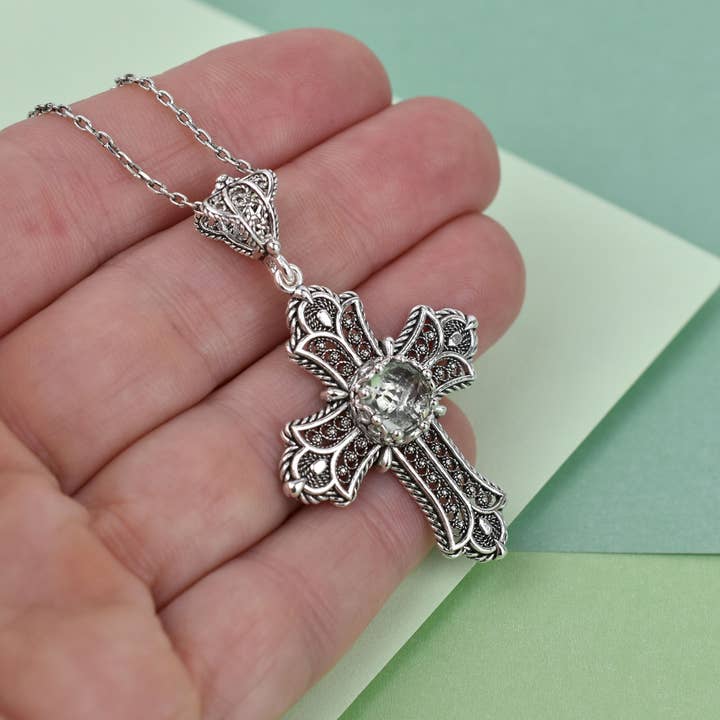 Filigranist Jewelry – wholesale Pendant/charm necklace – Sterling Silver Filigree Art Multi Gemstone Cross Necklace9