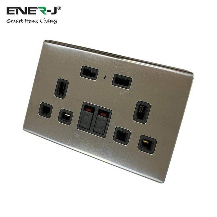 ENER-J - Wholesale Power Adapter - Smart Twin Wall Sockets with Usb 2 Usb Ports, (Silver)3