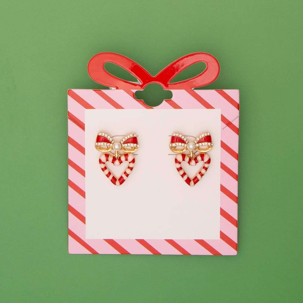 SP Sophia Collection - Wholesale Stud/Post Earrings - Christmas Striped Candy Enamel Bowed Heart Post Earrings2